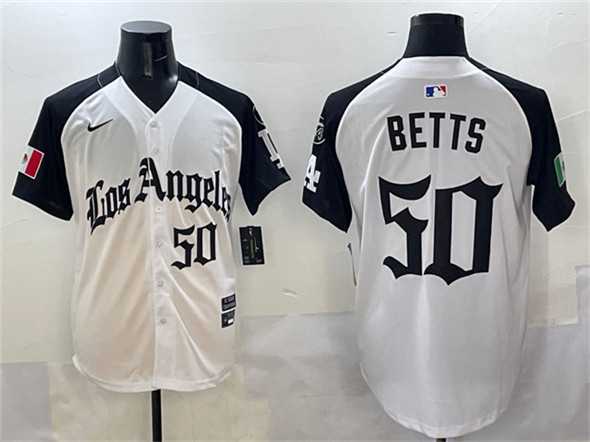 Men%27s Los Angeles Dodgers #50 Mookie Betts White Black Mexico 2025 LA Gothic Style With Fernando Patch Vapor Premier Limited Stitched Jersey